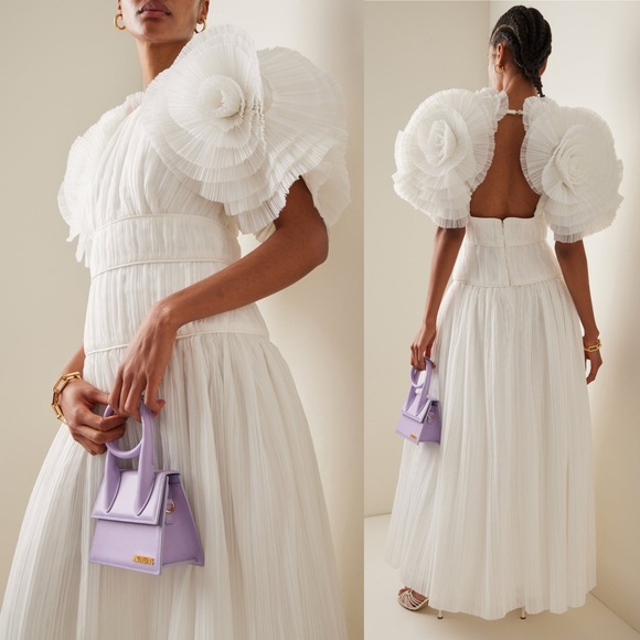 Aje Sculptura Expressive Ruffle Detailed Pleated Organza Maxi Dress White Bridal - Picture 15 of 16